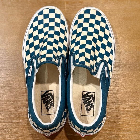 Vans Classic Slip-On Checkerboard Teal Blue Cream White Skater Sz M 7.5 / W 9 - Picture 4 of 10